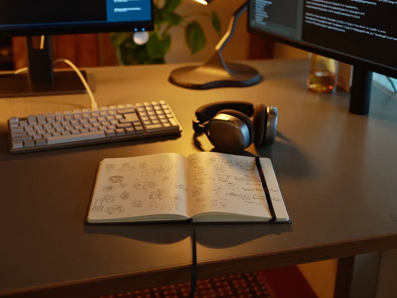 Vývojářský stůl s dvěma monitory, klávesnicí, sluchátky a poznámkami s diagramy