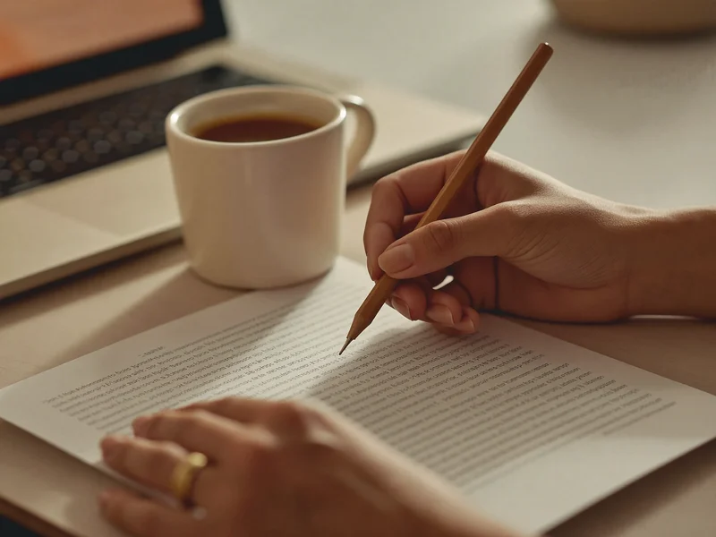 Ruce zapisují tužkou poznámky na vytištěný list vedle kávy a notebooku